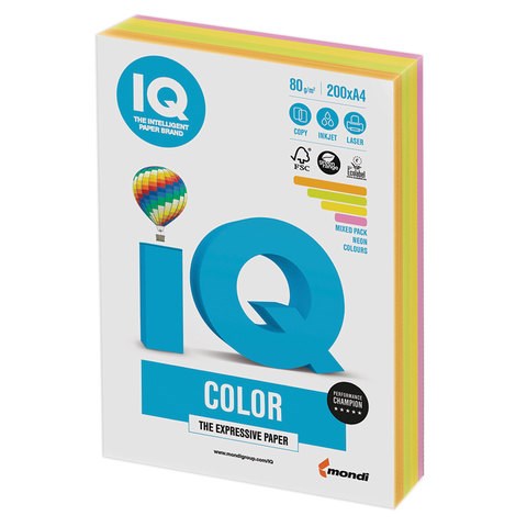 Бумага цветная IQ color, А4, 80 г/м2, 200 л., (4 цвета x 50 листов), микс неон, RB04 110690 - фото 165410