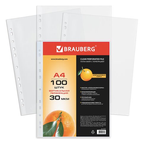 Папки-файлы перфорированные, А4, BRAUBERG "STANDARD", комплект 100 шт., матовые, 30 мкм, 221991 221991 - фото 183210