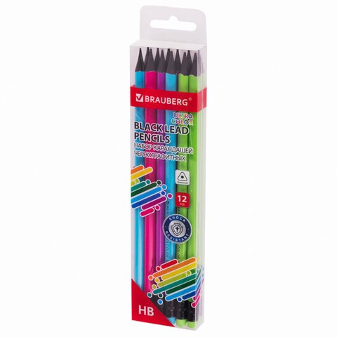 Набор карандашей чернографитных BRAUBERG "ULTRA COLOR" 12 шт., HB, с ластиком, пластиковые, 181710 181710 - фото 186415