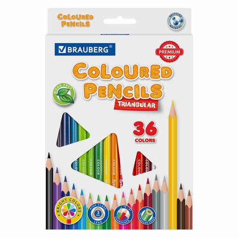 Карандаши цветные BRAUBERG PREMIUM, 36 цветов, трехгранные, грифель 3 мм, 181664 181664 - фото 186893
