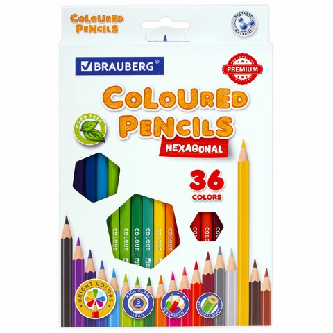Карандаши цветные BRAUBERG PREMIUM, 36 цветов, шестигранные, грифель 3 мм, 181669 181669 - фото 186928