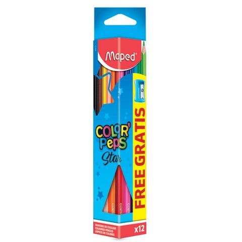 Карандаши цветные MAPED (Франция) "Color'Peps Star", 12 цветов + ТОЧИЛКА, трехгранные, грифель 3 мм, натуральное дерево,183213 180770 - фото 187060