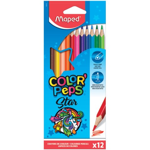 Карандаши цветные MAPED (Франция) "Color'Peps Star", 12 цветов, трехгранные, грифель 3 мм, натуральное дерево, 183212 180880 - фото 187062