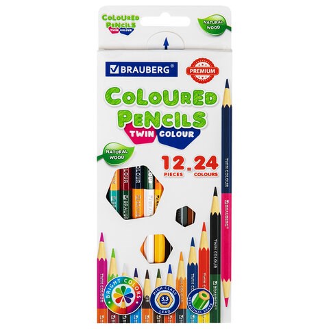 Карандаши цветные двусторонние BRAUBERG PREMIUM TWIN COLOUR, 12 штук, 24 цвета, шестигранные, грифель 3,3 мм, натуральное дерево, 181874 181874 - фото 187073