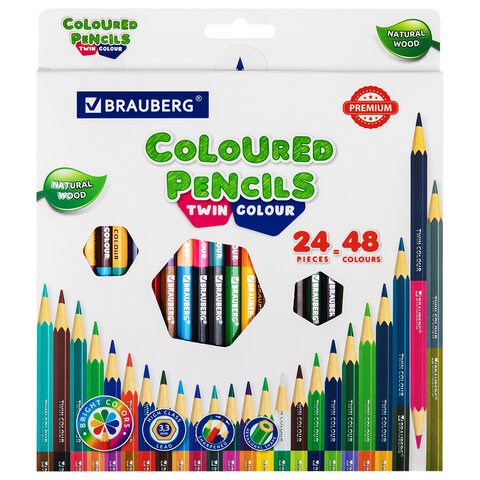 Карандаши цветные двусторонние BRAUBERG PREMIUM TWIN COLOUR, 24 штуки, 48 цветов, шестигранные, грифель 3,3 мм, натуральное дерево, 181875 181875 - фото 187092
