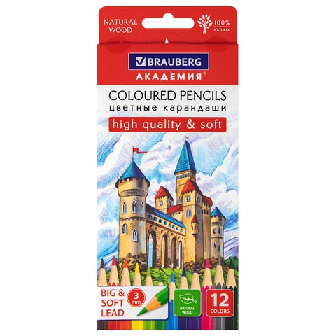 Карандаши цветные мягкие BRAUBERG АКАДЕМИЯ, 12 цветов, шестигранные, грифель 3 мм, натуральное дерево, 181864 181864 - фото 187124