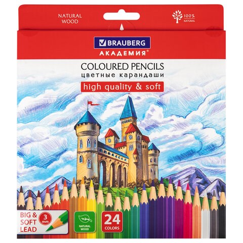 Карандаши цветные мягкие BRAUBERG АКАДЕМИЯ, 24 цвета, шестигранные, грифель 3 мм, натуральное дерево, 181866 181866 - фото 187143