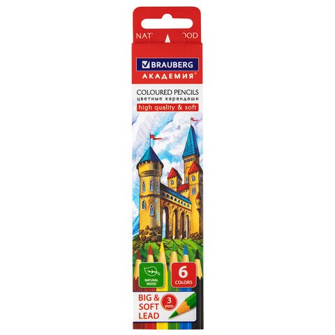Карандаши цветные мягкие BRAUBERG АКАДЕМИЯ, 6 цветов, шестигранные, грифель 3 мм, натуральное дерево, 181863 181863 - фото 187165