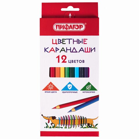 Карандаши цветные ПИФАГОР "Веселая такса", 12 цветов, шестигранные, натуральное дерево, 181806 181806 - фото 187190