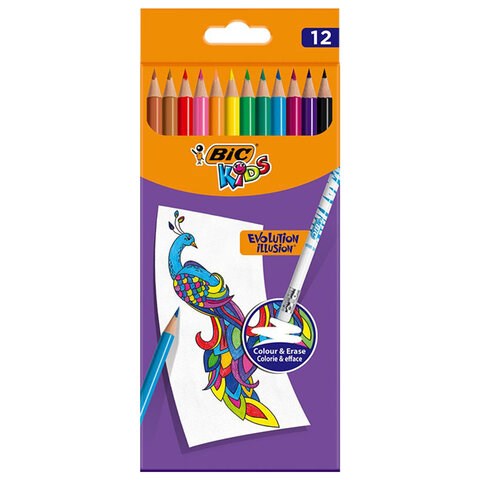 Карандаши цветные стираемые с ластиком BIC "Kids Evolution Illusion", 12 цветов, круглые, 987868 181846 - фото 187363