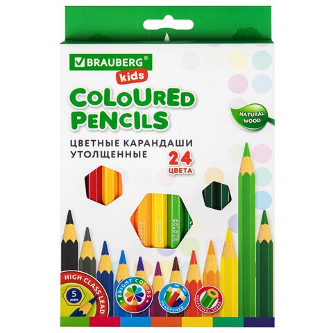 Карандаши цветные утолщенные BRAUBERG KIDS, 24 цвета, шестигранные, грифель 5 мм, натуральное дерево, 181879 181879 - фото 187491