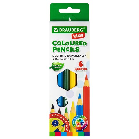 Карандаши цветные утолщенные BRAUBERG KIDS, 6 цветов, шестигранные, грифель 5 мм, натуральное дерево, 181877 181877 - фото 187505