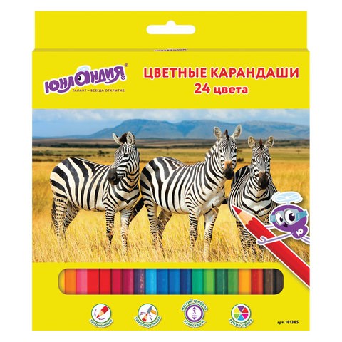 Карандаши цветные ЮНЛАНДИЯ "МИР ЖИВОТНЫХ", 24 цвета, шестигранные, грифель 3 мм, натуральное дерево, 181385 181385 - фото 187703