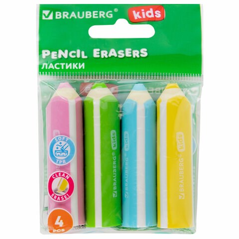Ластики фигурные BRAUBERG KIDS "Карандашики", НАБОР 4 ШТУКИ, пакет, 271996 271996 - фото 188735