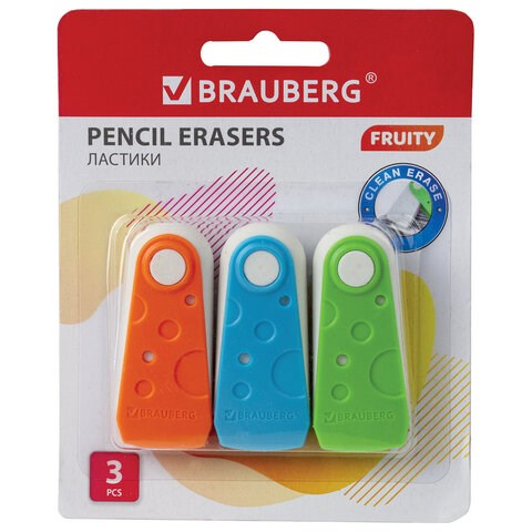 Набор ластиков BRAUBERG "FRUITY" 3 шт., 57х24х15 мм, белые, пластиковый футляр ассорти, 229563 229563 - фото 188800
