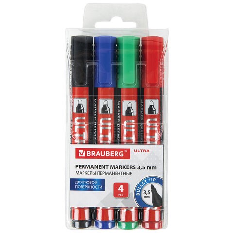 Маркеры перманентные BRAUBERG ULTRA MARKER, НАБОР 4 ЦВЕТА, круглый наконечник 3,5 мм, 152208 152208 - фото 191444