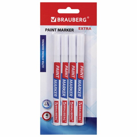 Маркер-краска лаковый EXTRA (paint marker) 2 мм, БЕЛЫЕ, НАБОР 4 шт., УСИЛЕННАЯ НИТРО-ОСНОВА, BRAUBERG, 151995 151995 - фото 192292
