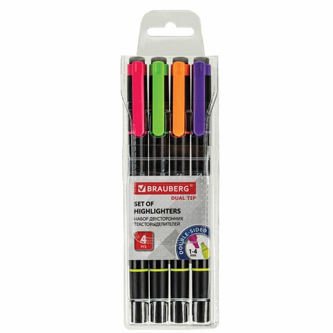 Набор текстовыделителей двусторонних BRAUBERG DUAL TIP 4 шт., АССОРТИ, линия 1-4 мм, 150845 150845 - фото 193500