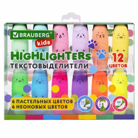 Набор текстовыделителей мини 12 ЦВЕТОВ BRAUBERG KIDS "CUTE CATS", линия 1-5 мм, 152437 152437 - фото 193514