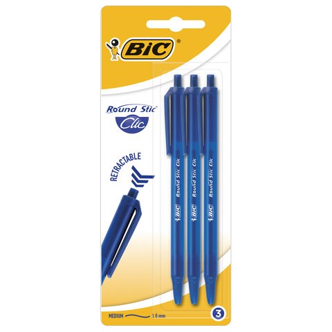 Ручки шариковые автоматические BIC "Round Stic Clic", НАБОР 3 шт., СИНИЕ, линия письма 0,32 мм, блистер, 926374 143981 - фото 202751