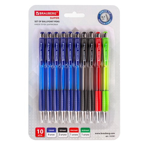 Ручки шариковые автоматические с грипом "НАБОР MULTICOLOR" BRAUBERG "SUPER", 10 шт. (6 синих, 2 черных, 1 красная, 1 зеленая), 143381 143381 - фото 202763