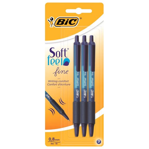Ручки шариковые автоматические с грипом BIC "Soft Feel Fine", НАБОР 3 шт., линия письма 0,8 мм, блистер, 893221 143983 - фото 202778
