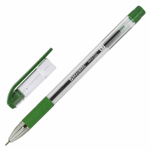 Ручка шариковая масляная с грипом BRAUBERG "Max-Oil", ЗЕЛЕНАЯ, игольчатый узел 0,7 мм, линия письма 0,35 мм, 142144 142144 - фото 205136