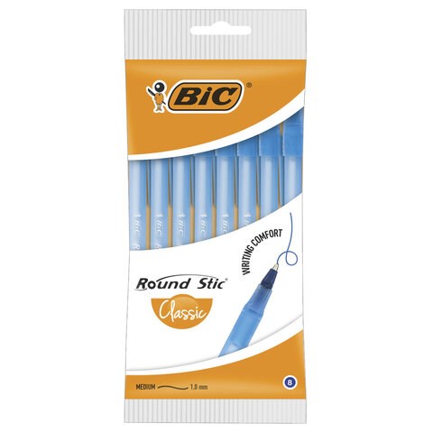 Ручки шариковые BIC "Round Stic", НАБОР 8 шт., СИНИЕ, узел 1 мм, линия письма 0,32 мм, пакет, 928497 143976 - фото 205953