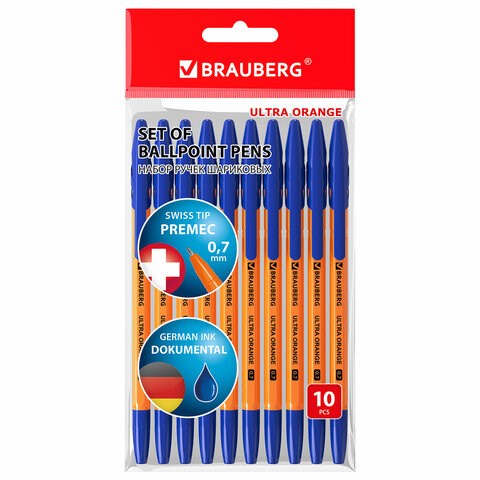 Ручки шариковые BRAUBERG "ULTRA ORANGE", СИНИЕ, НАБОР 10 штук, корпус оранжевый, узел 0,7 мм, 143571 143571 - фото 206042