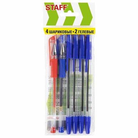 Ручки шариковые и гелевые STAFF "Basic ST-01", НАБОР 6 ШТУК, АССОРТИ, узел 0,7 мм, линия письма 0,35 мм, 144080 144080 - фото 206231