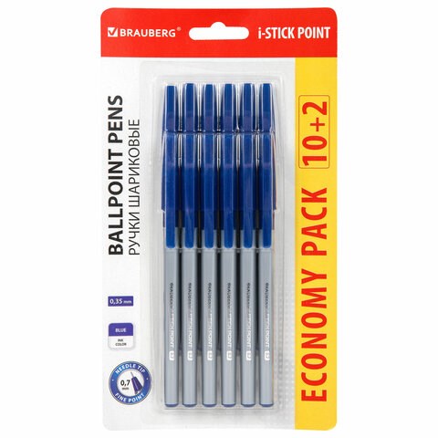 Ручки шариковые с грипом BRAUBERG "i-STICK POINT", НАБОР 10+2 ШТ., СИНИЕ, линия письма 0,35 мм, блистер,144025 144025 - фото 206411