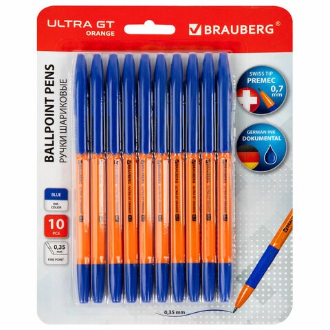 Ручки шариковые с грипом BRAUBERG "ULTRA GT ORANGE", НАБОР 10 ШТУК, СИНИЕ, 0,35 мм, блистер, 144057 144057 - фото 206429