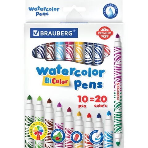 Фломастеры двусторонние утолщенные BRAUBERG "PREMIUM" "BI-COLOR", 10 шт., 20 цветов, двухцветные, вентилируемый колпачок, 151945 151945 - фото 208509