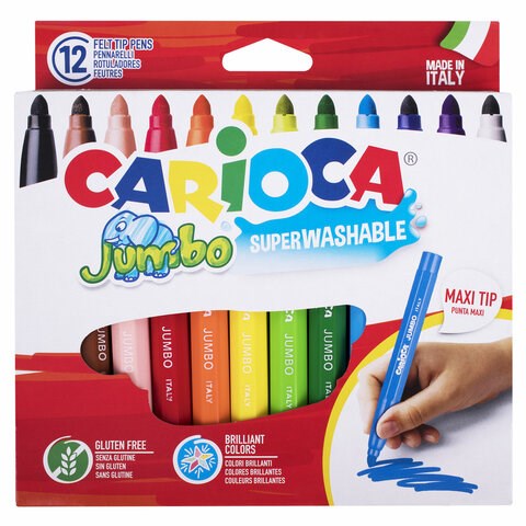 Фломастеры утолщенные CARIOCA "Jumbo", 12 цветов, суперсмываемые, вентилируемый колпачок, картонная упаковка, 40569 150159 - фото 208822