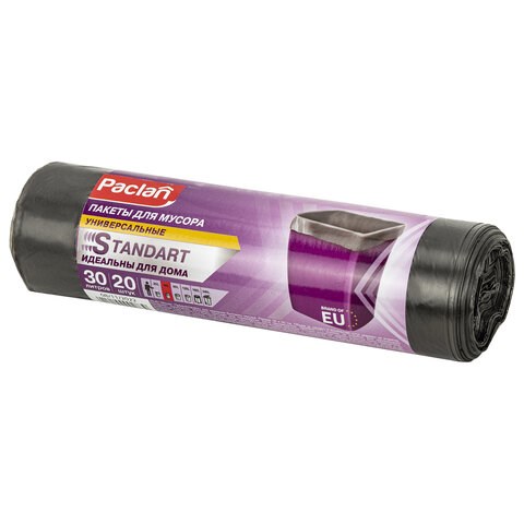 Мешки для мусора 30 л, черные, в рулоне 20 шт., ПНД, 7,3 мкм, 50х60 см, PACLAN "Standard" 600818 - фото 245163