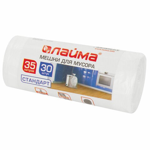 Мешки для мусора 35 л белые в рулоне 30 шт., ПНД 6 мкм, 48х55 см, LAIMA, 605538 605538 - фото 245178