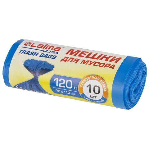 Мешки для мусора LAIMA "ULTRA" 120 л синие, рулон 10 шт. особо прочные, ПНД 23 мкм, 70х110 см, 607695 607695 - фото 245255
