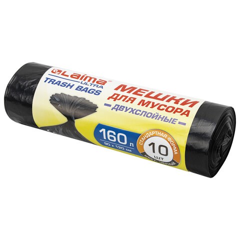 Мешки для мусора LAIMA "ULTRA" 160 л черные, рулон 10 шт. прочные, ПВД 30 мкм, 90х120 см, 607694 607694 - фото 245267