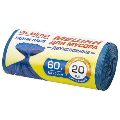 Мешки для мусора LAIMA "ULTRA" 60 л синие, в рулоне 20 шт. прочные, ПВД 21 мкм, 60х70 см, 607687 607687 - фото 245283