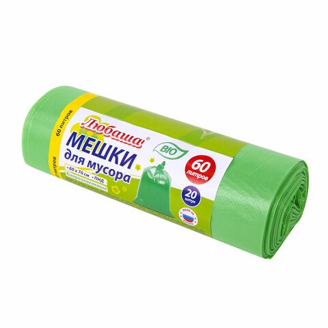 Мешки для мусора биоразлагаемые 60 л, зеленые, рулон 20 шт., ПНД 15 мкм, 60х70 см, ЛЮБАША, 608099 608099 - фото 245321