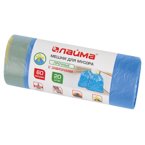 Мешки для мусора с завязками 60 л, синие, в рулоне 20 шт., прочные, ПНД 12 мкм, 55х62 см, LAIMA, 601397 601397 - фото 245396