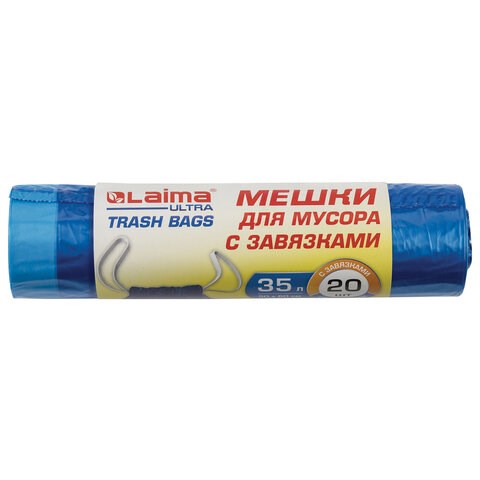 Мешки для мусора с завязками LAIMA "ULTRA" 35 л, синие, рулон 20 шт., особо прочные, ПВД 20 мкм, 50х60 см, 607689 607689 - фото 245408