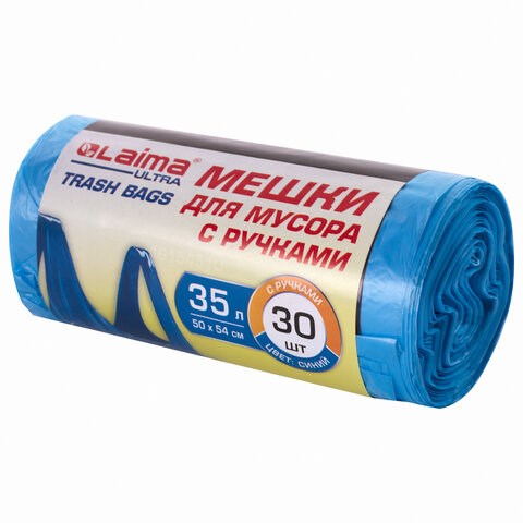 Мешки для мусора с ручками LAIMA ULTRA 35 л, синие 30 шт., прочные, ПНД 9 мкм, 50х54 см, 607683 607683 - фото 245436