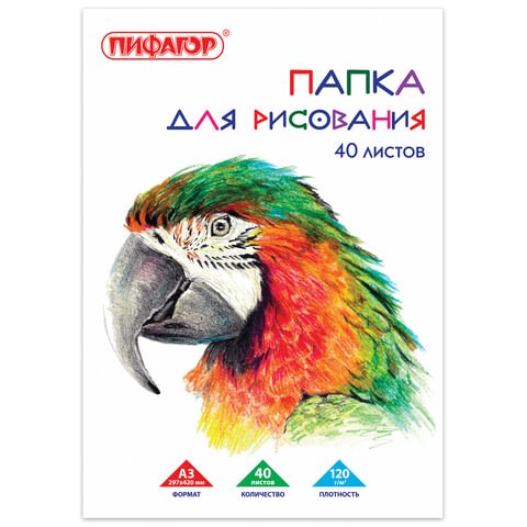 Папка для рисования БОЛЬШОГО ФОРМАТА А3, 40 л., 120 г/м2, ПИФАГОР, 297х420 мм, "Попугай", 129219 129219 - фото 249562