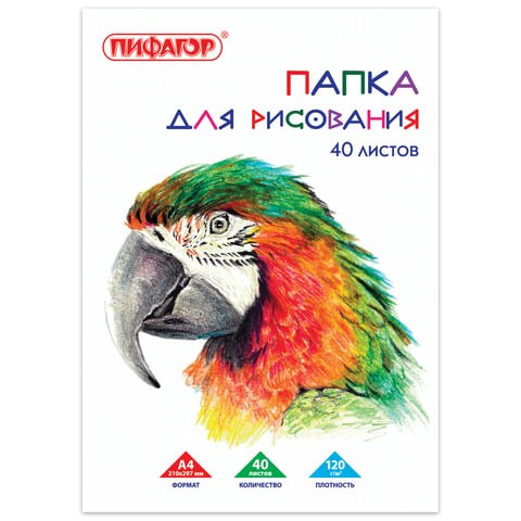 Папка для рисования, А4, 40 л., 120 г/м2, ПИФАГОР, 210х297 мм, "Попугай", 129222 129222 - фото 249568