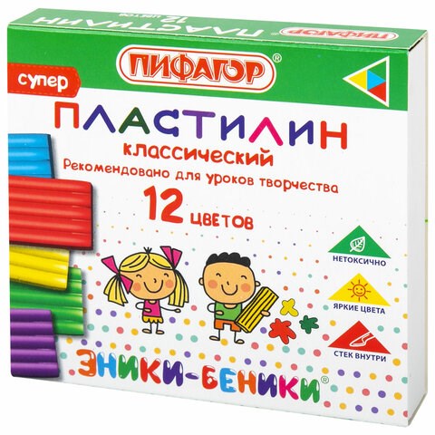 Пластилин классический ПИФАГОР "ЭНИКИ-БЕНИКИ СУПЕР", 12 цветов, 120 г, стек, 106505 106505 - фото 279753