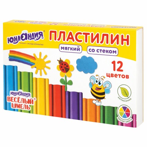 Пластилин мягкий ЮНЛАНДИЯ "ВЕСЕЛЫЙ ШМЕЛЬ", 12 цветов, 180 г, СО СТЕКОМ, 106672 106672 - фото 279957