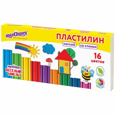 Пластилин мягкий ЮНЛАНДИЯ "ВЕСЕЛЫЙ ШМЕЛЬ", 16 цветов, 240 г, СО СТЕКОМ, 106673 106673 - фото 279966