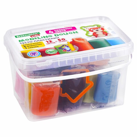 Пластилин-тесто для лепки BRAUBERG KIDS, 12 цветов., 600 г, 6 формочек, 1 скалка, ведерко, 106721 106721 - фото 280159