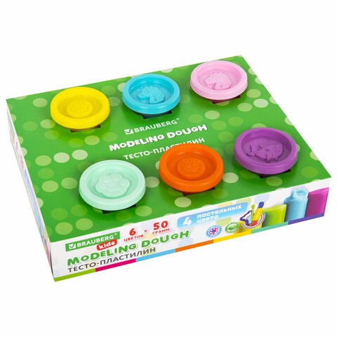 Пластилин-тесто для лепки BRAUBERG KIDS, 6 цветов, 300 г, 10 формочек, шприц, стек, крышки-штампики, 106719 106719 - фото 280247